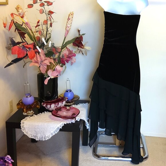 Vintage M Collection Black Maxi Evening Dress VTG Elegant Ruffled Strapless Gown - Picture 6 of 12